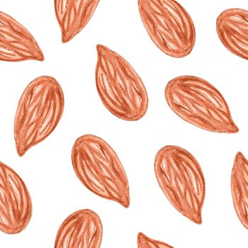 Watercolor brown almond peeled nuts seamless pattern on white background