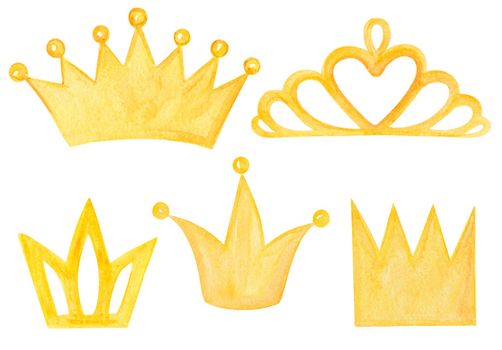 Watercolor yellow crowns set on white background. Cute hand drawn royal crowns illustrations