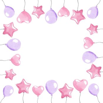 watercolor square frame with pink balloons isolated on white background for birthday party card, newborn, baby shower invitations, posters and prints. Star and heart shaped balloons