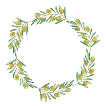 watercolor green olive wreath isolated on white background. Hand drawn olive branches illustrations