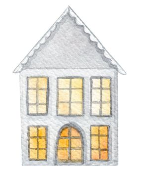 watercolor grey house with heart and yellow windows on white background