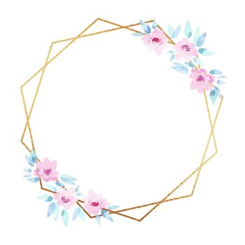 gold polygonal frame with watercolor pink flowers isolated on white background. Floral geometric border for wedding invitations and cards