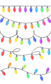 Watercolor christmas lights set isolated on white background. Various multicolor garlands for cards decoration