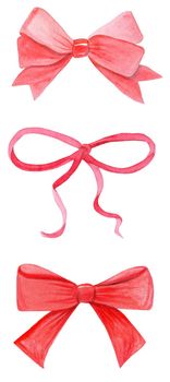 watercolor isolated red ribbons and bows isolated on white background