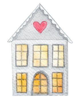 watercolor grey house with heart and yellow windows on white background