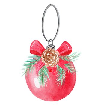 watercolor red christmas ball toy isolated on white background. Toy with fir branch and cone decorations for christmas tree