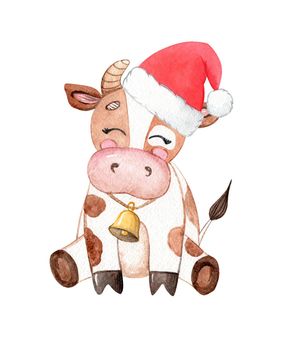 watercolor brown spot cow in red santa hat isolated on white background. Christmas greeting card. Print for kids with cute bull