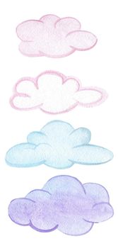 watercolor blue and pink clouds set on white background. hand painted sky elements.