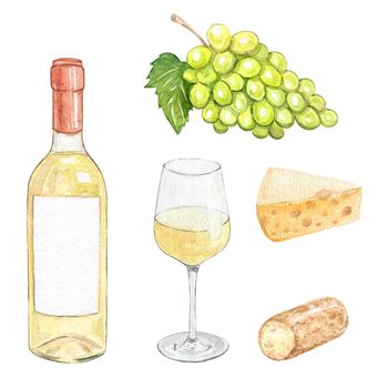 watercolor white wine and cheese set isolated on white background. Hand drawn green grape fruit and glass wine bottle illustrations.