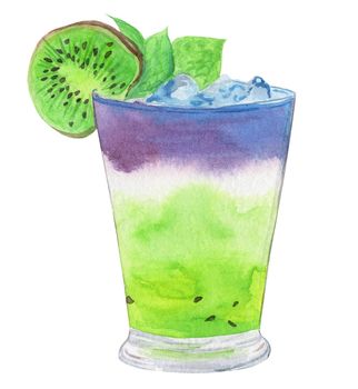 Watercolor hand drawn fruit cocktail with green kiwi and purple blueberry isolated on white background