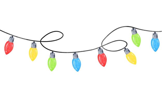 watercolor multicolor garland with light bulbs isolated on white background. Christmas decoration for greeting cards and banners