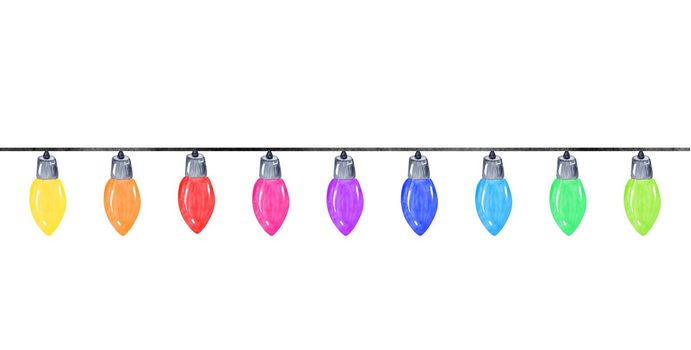 watercolor multicolor glowing garland with lightbulbs isolated on white background. Christmas decoration