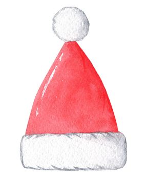 watercolor red santa hat isolated on white background . Christmas clipart