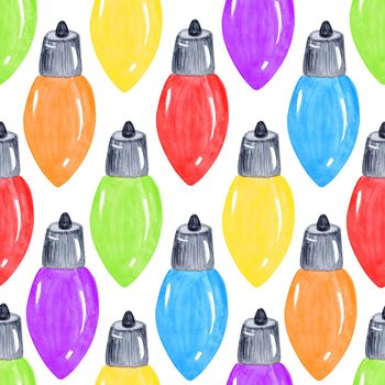 watercolor colorful light bulbs seamless pattern on white background