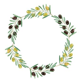 Watercolor olive branch round wreath isolated on white background. Black and green olive frame for product logo, menu design, recipes