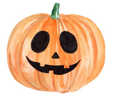 watercolor orange happy halloween pumpkin with smiling face isolated on white background. Jack o lantern