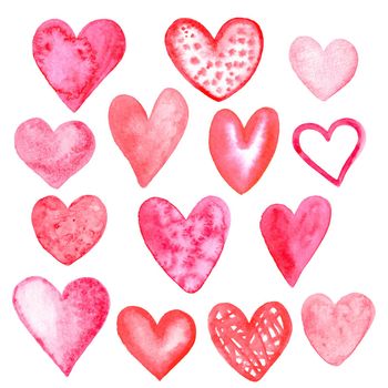 watercolor pink hearts set isolated on white background. Valentines hand drawn love symbols collection