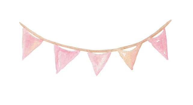 Watercolor cute pink triangle flags garland for holiday and birthday party isolated on white background. Banner for baby shower invitations and cards