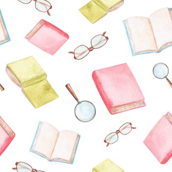 watercolor book and glasses seamless pattern on white background. Back to school. For fabric, textile, wrapping, scrapbook.