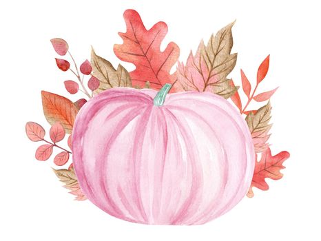 watercolor pastel pink pumpkin with autumn leaves decoration isolated on white background. For greeting cards, thanksgiving day, nursery decor