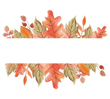 watercolor autumn leaves horizontal border isolated on white background. For greeting cards, wedding invitations, banners