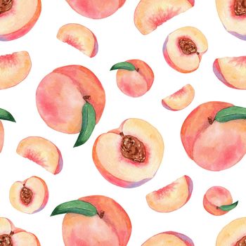 watercolor peaches seamless pattern on white background for fabric, textile, wrapping, branding, scrapbook