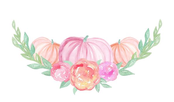 watercolor pastel pink pumpkins with flower decoration border isolated on white background