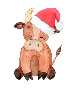 watercolor happy brown bull in santa hat sitting isolated on white background. Cute calf baby for christmas decoration