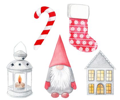 Watercolor red and gray christmas set isolated on white background. Scandinavian gnome, stocking, house, candy cane, candle