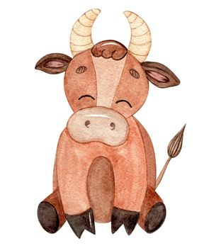 watercolor brown bull baby isolated on white background. Farm animals. Symbol 2021 new year