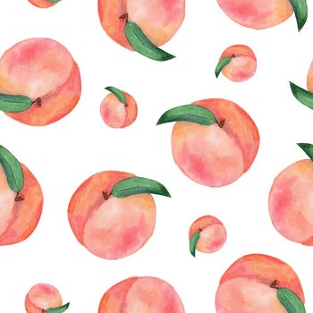 watercolor peaches seamless pattern on white background. Fruit print for wrapping, fabric, scrapbooking, textile