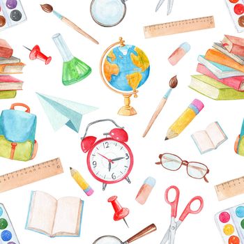 watercolor school accessories seamless pattern on white background. Office tools, globe, alarm clock, scissors . For fabric, textile, wrapping, scrapbook.