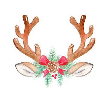 watercolor deer antler with christmas decor isolated on white background