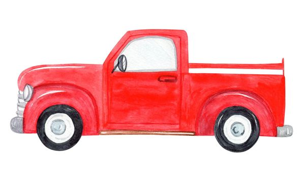 watercolor red truck side view isolated on white background