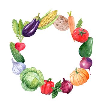 Watercolor vegetables round wreath isolated on white background. Food frame for logo, menu design, recipes, kitchen decor