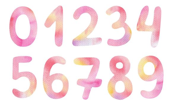 Watercolor pink gradient numbers set isolated on white background. Pastel color digits