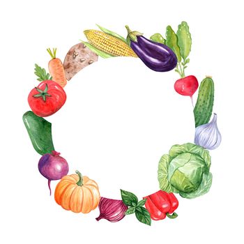 watercolor vegetables round wreath isolated on white background. Hand drawn fresh food border illustration for logo, banner, cards