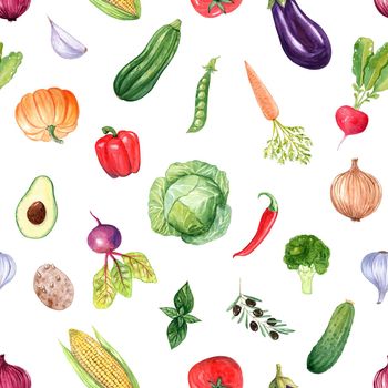 Watercolor vegetables seamless pattern on white background. Hand drawn food illustrations for fabric, kitchen textile, wallpaper, scrapbooking