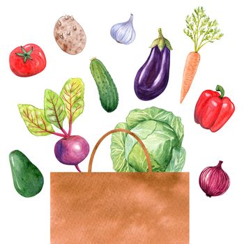 Watercolor vegetables in paper bag isolated on white background. Healthy food shopping hand drawn illustration. Product delivery