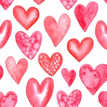 watercolor red hearts seamless pattern on white background. Valentines day print for fabric, textile, wrapping, scrapbook, wallpaper