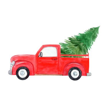 watercolor red truck with christmas tree delivery isolated on white background. Holiday greeting card