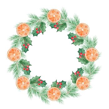 watercolor round christmas green wreath with holly orange elements on white background