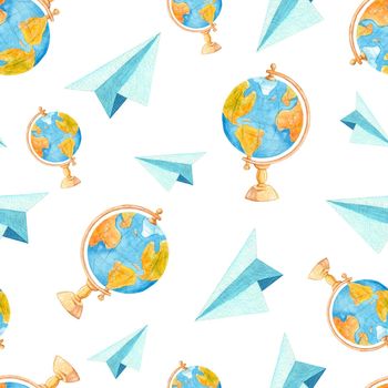 watercolor paper airplanes and school globes seamless pattern on white background. For fabric, textile, wrapping, scrapbooking