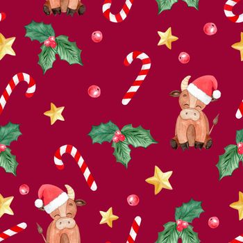 watercolor christmas bulls in santa hat and stars seamless pattern on burgundy background. For fabric, textile, wrapping, wallpaper, scrapbook