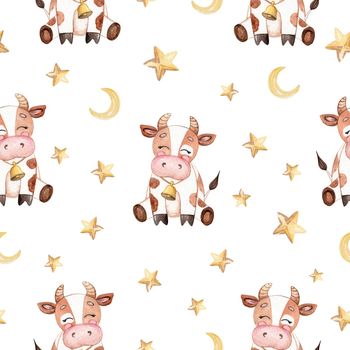 watercolor brown baby cow and stars seamless pattern on white background for fabric, textile, branding, invitations, scrapbooking, wrapping