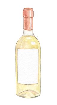 watercolor white wine bottle isolated on white background. Glass package with alcohol and empty label