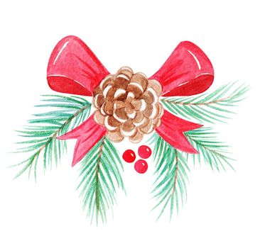 watercolor christmas fir branch with red ribbon cone red berries on white background