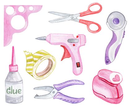 watercolor pink craft tools set isolated on white background. Scrapbook supplies illustrations.