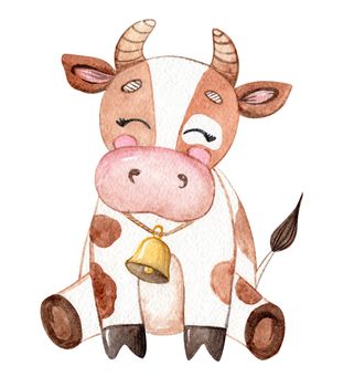 watercolor cute cow isolated on white background. Farm animals print