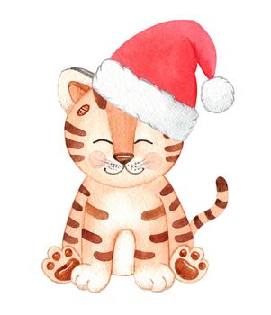 Watercolor cute tiger in santa red hat isolated on white background